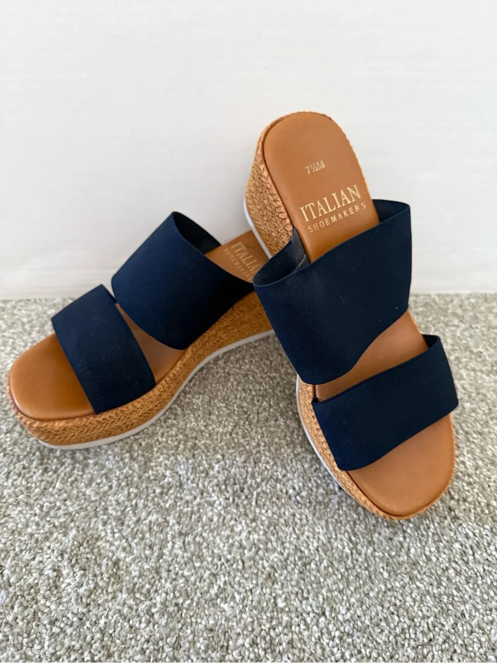 Italian Shoemakers Navy Double-Strap Espadrille Slide Sandals with Tan Footbed
